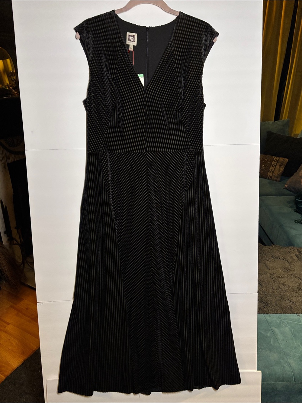 Anne Klein Black V-Neck Sleeveless A-Line Velvet-Striped Dress